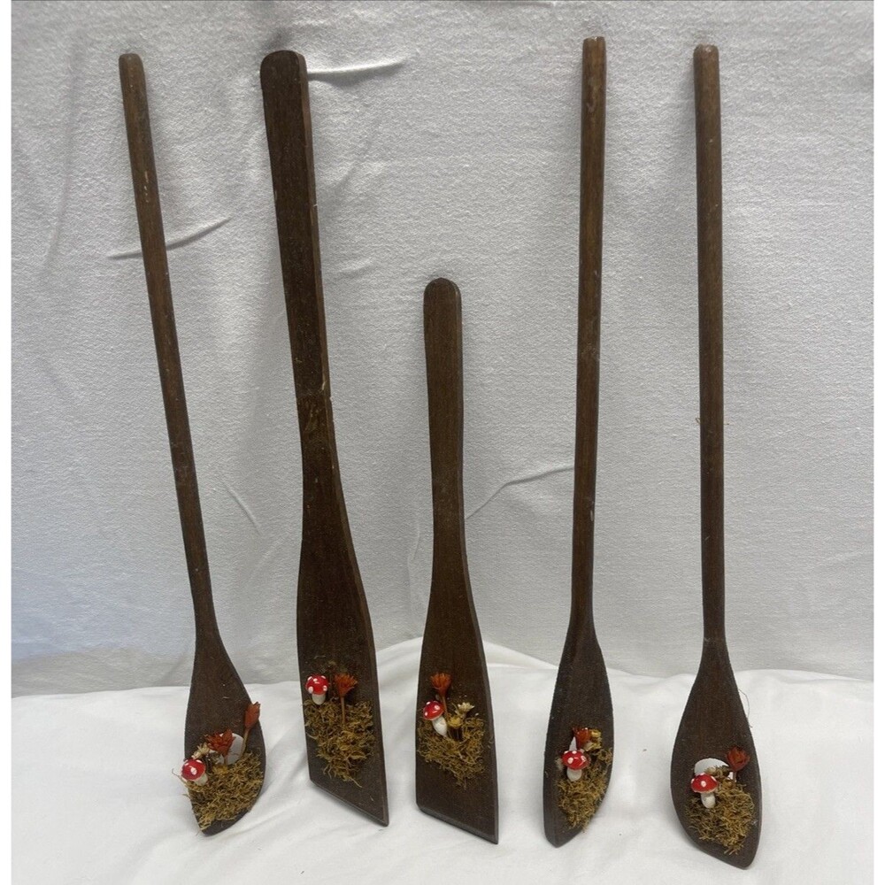 Set of 5 Vintage Hand Made Wood Kitchen Wall Hanging Decor Spoons Mushrooms EUC